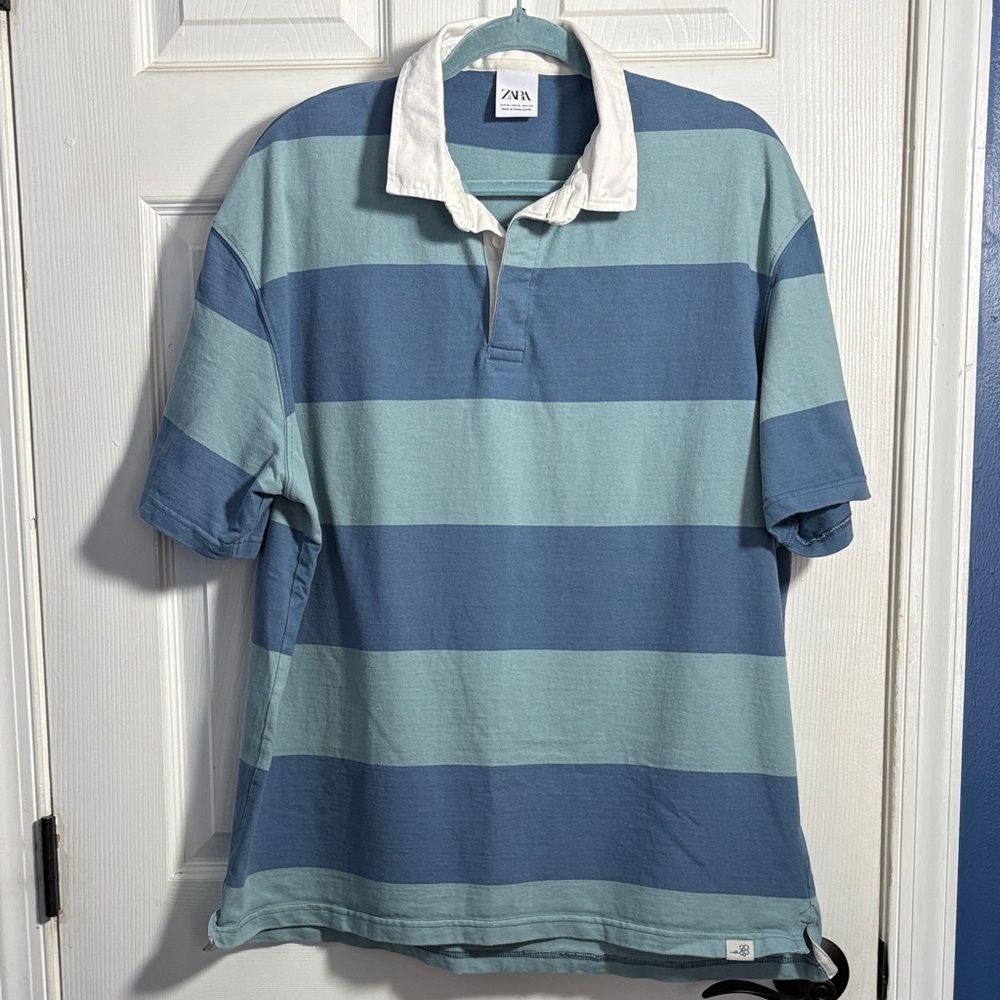 Zara Men's Polo Shirt with Wide Blue Stripes and White Collar XL